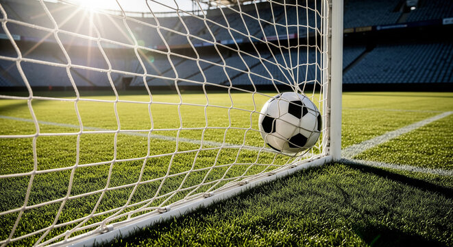 Spectacular soccer goal with a classic black and white ball nestled in the net at sunny stadium - Powered by Adobe