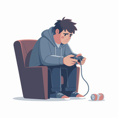 An illustration of a sad young man in a hoodie sitting in an armchair, holding a game controller, with a discarded soda can nearby.