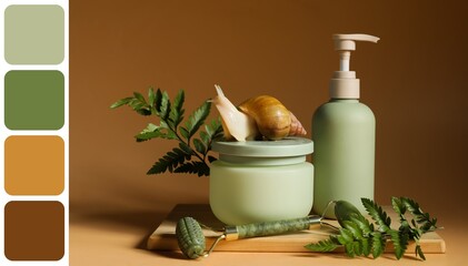 Giant Achatina snail, face massage roller and cosmetic products on brown background. Different color patterns