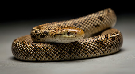 Obraz premium Intricate scales of a coiled rattlesnake reveal mesmerizing patterns and piercing gaze, evoking primal fear and natural wonder