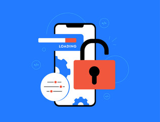 Mobile device jailbreak with unlocked smartphone, software tweak icons, custom firmware installation and digital modification. Mobile OS jailbreaking vector illustration