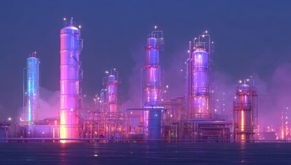 Neon-lit industrial complex at night