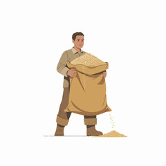 A man in work clothes holds and empties a large burlap sack of grain, with some grain spilling onto the ground.