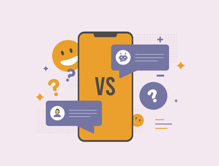 AI chatbot vs human support with real-time messaging, customer service automation, conversation analytics. AI chatbot vs human support with emoji feedback and digital communication vector illustration