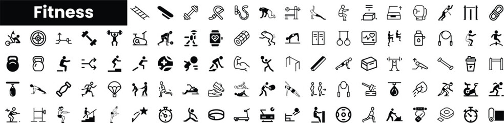 A collection of black and white fitness icons depicting various exercises and equipment, showcasing a diverse range of physical activities for fitness enthusiasts.