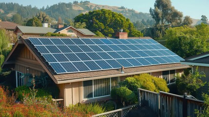 A house with solar panels on the roof surrounded by greenery and hills in the background on a sunny day