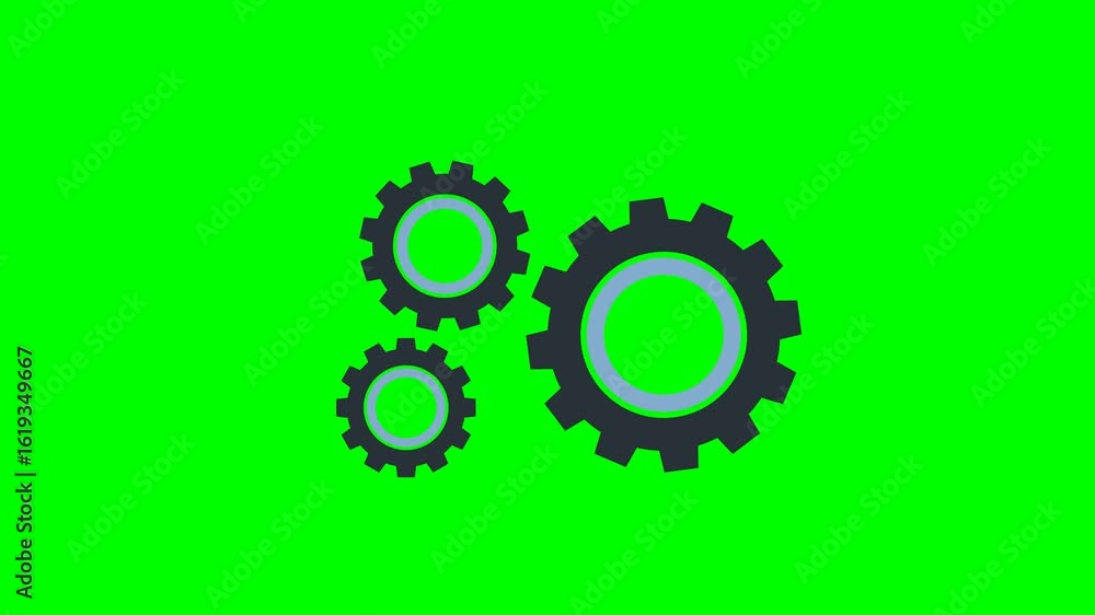 Poster animated video of driving gears and driven gears on a green background.