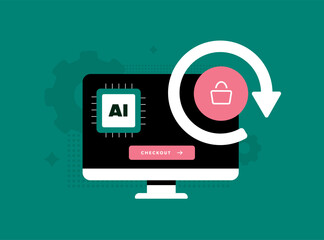 AI-driven abandoned cart recovery with automated reminders, personalized offers and smart checkout optimization. Ai abandoned cart recovery for higher conversion in e-commerce. Vector illustration