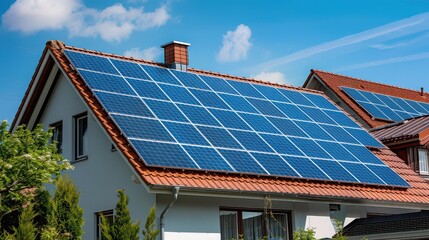 Fototapeta premium Solar panels on a rooftop of a house with a chimney and green trees against a blue sky background