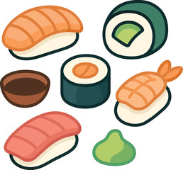 Colorful Cartoon Sushi Platter with Salmon Tuna Shrimp Avocado Wasabi and Soy Sauce