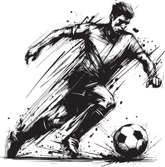  Black and white artistic sketch of a soccer player executing a powerful kick, showing movement and energy, ideal for sports, art, and action-themed projects.