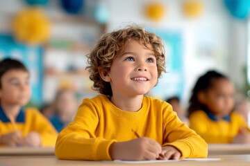 A young boy in a yellow sweater smiles attentively while sitting at a classroom desk, surrounded by other children focused on their work.