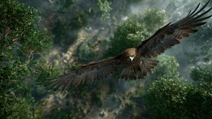 Obraz premium Eagle soars over a dense forest canopy, wings spread, looking down with sharp focus