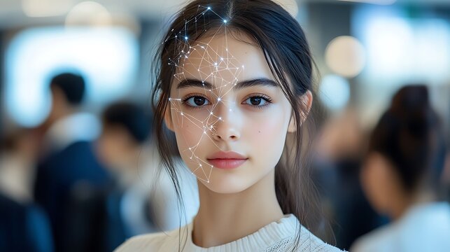 Young woman with facial recognition overlay.