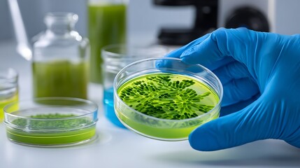 Petri Dish with Microalgae in Lab