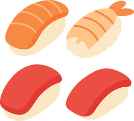Four pieces of nigiri sushi including salmon shrimp and tuna
