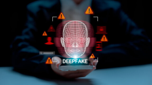 Warning concept of deepfake technology and facial recognition misuse, showing cybersecurity threats, digital identity fraud, and the risks of AI-generated face manipulation in online systems.