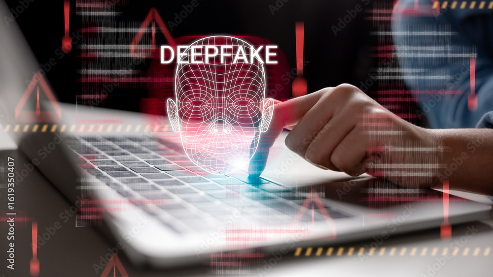 Poster concept of deepfake technology and cybersecurity risks, with facial recognition, digital identity th
