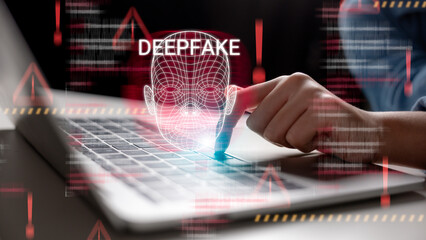Concept of deepfake technology and cybersecurity risks, with facial recognition, digital identity...