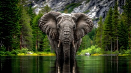Elephant stands in reflective water amidst lush trees, with mountains in the background