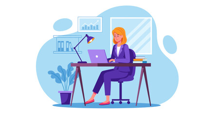 Businesswoman working on laptop in modern office - perfect for website banners, presentations, and marketing materials.