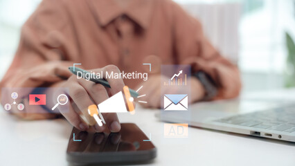 Close-up of a hand touching smartphone with digital marketing strategy icons overlay. Concept for social media ads, email campaigns, analytics, SEO, and online brand promotion.