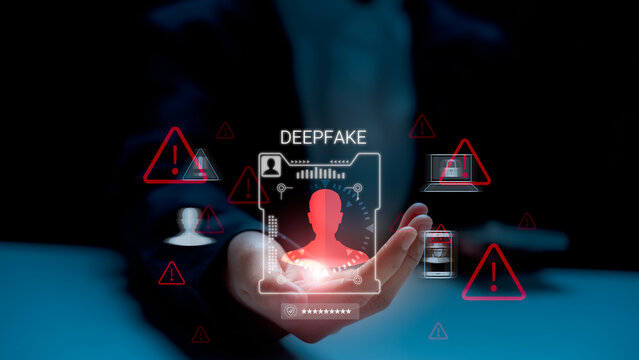 Digital warning about deepfake identity theft and cyber threats, with facial spoofing, AI-generated profiles, and secure login breach alerts shown in a futuristic user interface concept.