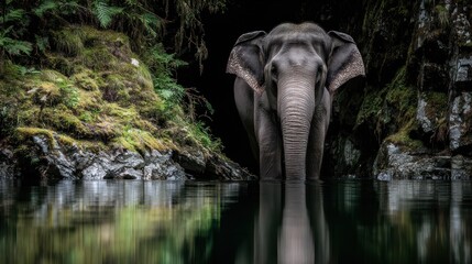 Elephant wades in a lush, dark forest pool; reflections ripple in the water's surface