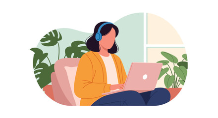 Woman working from home on laptop, wearing headphones, surrounded by plants. Perfect for blog posts, websites, or social media.
