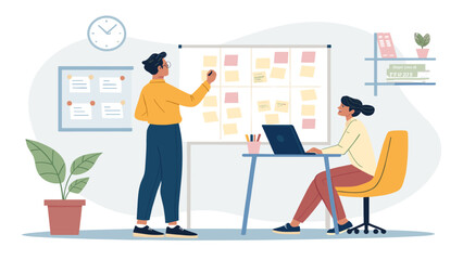 Two colleagues collaborating on a project using sticky notes and a whiteboard, perfect for illustrating teamwork and brainstorming.