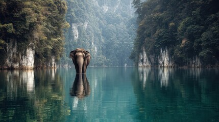Elephant stands in tranquil water between lush cliffs in a misty, mountainous landscape