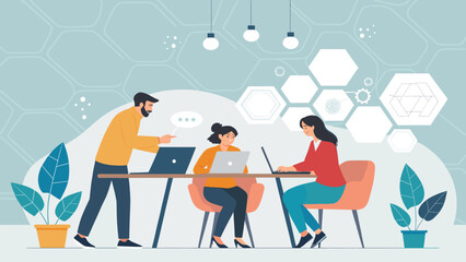 Teamwork and Collaboration: Diverse professionals working together on laptops in a modern office setting. Perfect for websites, presentations, and marketing materials.