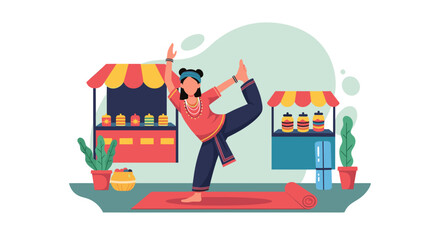 Woman doing yoga near market stalls, perfect for wellness blogs, health websites, or yoga studio marketing materials.