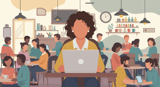 Diverse group of people working and socializing in a busy cafe, perfect for illustrating community, collaboration, or modern work life.