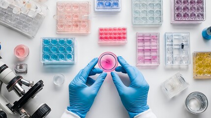 Syringe and Lab Setup in Blue Gloves