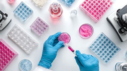 Syringe and Lab Setup in Blue Gloves