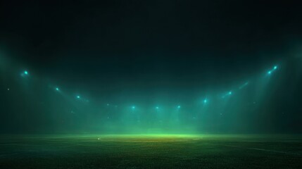 Empty stadium with lights illuminating a grassy field, shrouded in a foggy atmosphere