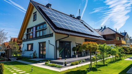 Obraz premium A modern house with solar panels on the roof and a well manicured lawn on a sunny day with blue skies