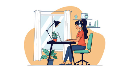Young woman working from home on laptop, perfect for blog posts about remote work or freelance lifestyle.