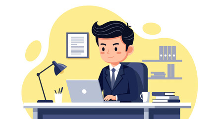 Illustration of a businessman working on his laptop in his office, perfect for business websites and presentations.