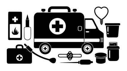 Fototapeta premium Medical emergency kit ambulance van, heartbeat monitor, stethoscope, first aid box, syringe, pill bottle, and bandage black vector silhouette on white background