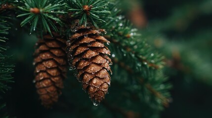 Evergreen branches laden with brown pinecones adorned with tiny water droplets