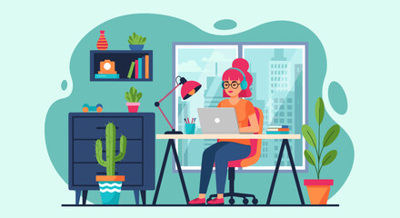 Woman working from home at her desk, perfect for illustrating remote work, freelance, or work-life balance.