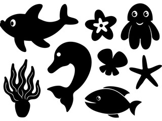Fototapeta premium Set of underwater creatures dolphin leaping, starfish, jellyfish, sea turtle, coral reef, angler fish, and seaweed cluster black vector silhouette on white background