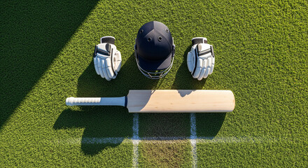 Get ready to play with cricket gear on a vibrant green field under the bright sun, a winning combination!