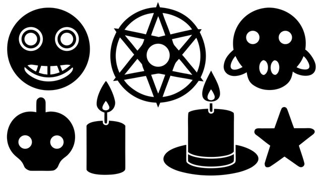 Black vector silhouettes of ritual summoning pentagram, candles, forbidden tome, circle of skulls, rising demon on white