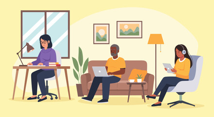 Diverse group of people working and relaxing at home, perfect for illustrating remote work, work-life balance, or technology articles.