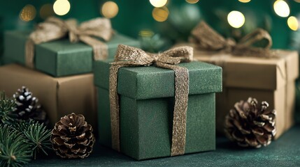 Festive gifts stacked with pinecones, needles, and lights against a rich green backdrop