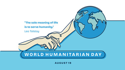 One Line Drawing of Handshake for Humanitarian Support. Minimalist Vector for World Humanitarian Day