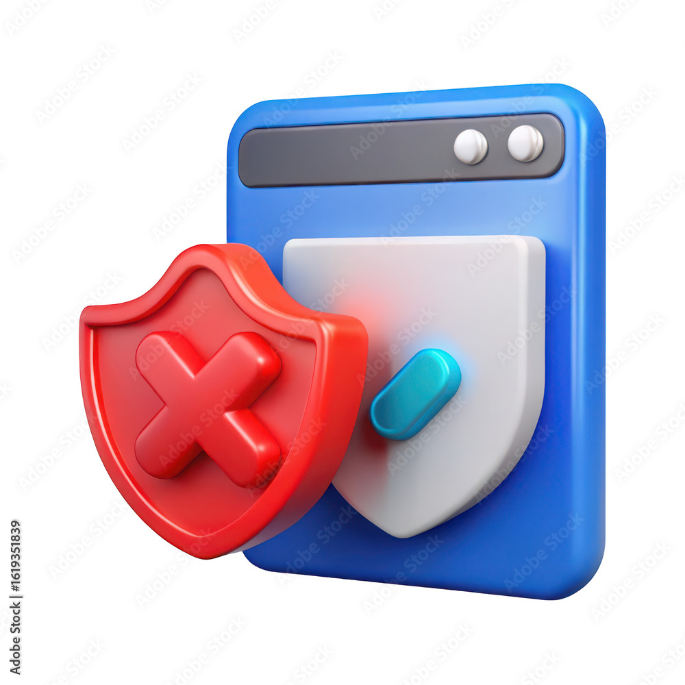 Poster 3 d red shield with x and blue security window isolated on a transparent background cross